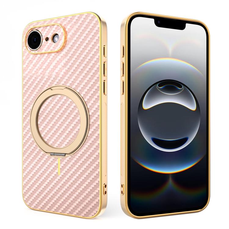 

For iPhone 17e / 16e Electroplated Carbon Fiber Texture 360 Degree Rotation Holder Phone Case(Pink)