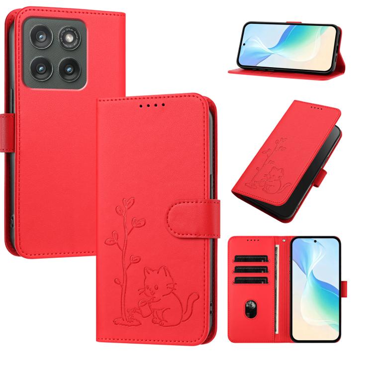 

For Moto Edge 5G (2026) YX0014 Kitten Watering Tree Buckle Vegan Leather Phone Case with Black Cord(Red)