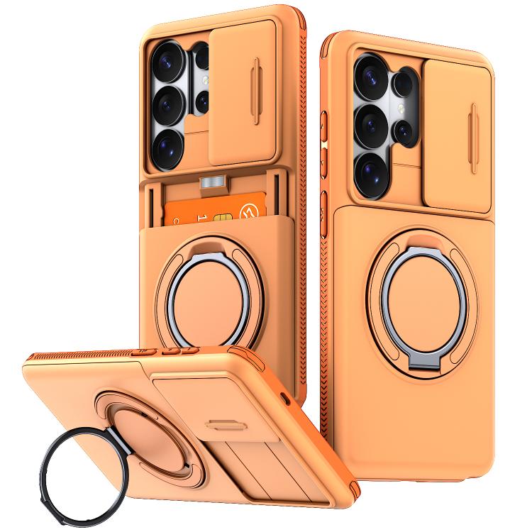 For Galaxy S26 Ultra 5G Slide Camera Shield Card Slot 360 Degree Rotation Holder Phone Case(Orange)