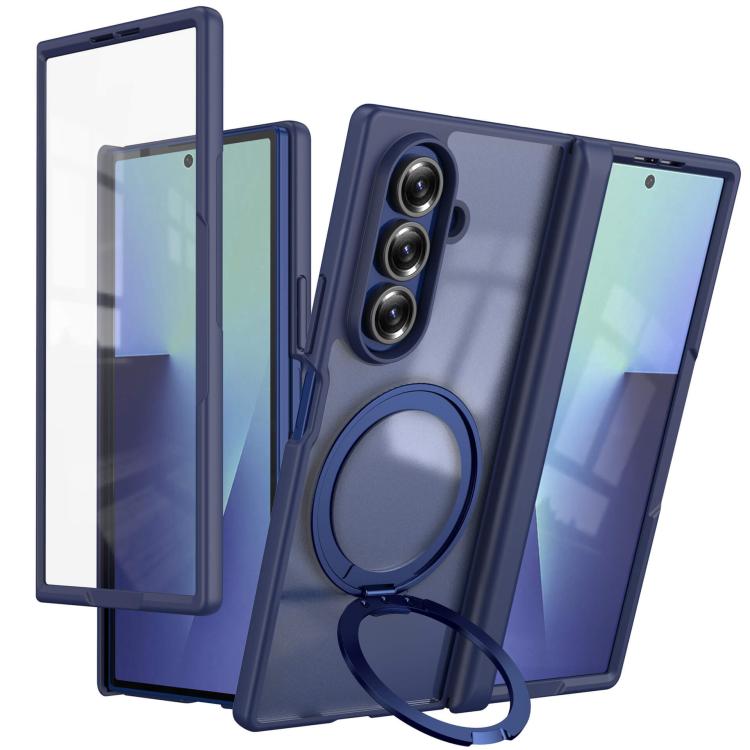 For Galaxy Z Fold7 5G Hinge 360 Rotation Magnetic Ring Holder Integrated Film Phone Case(Blue)