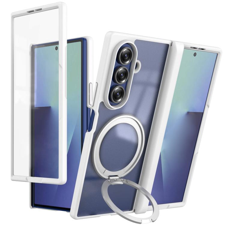 For Galaxy Z Fold7 5G Hinge 360 Rotation Magnetic Ring Holder Phone Case, No Film(White)