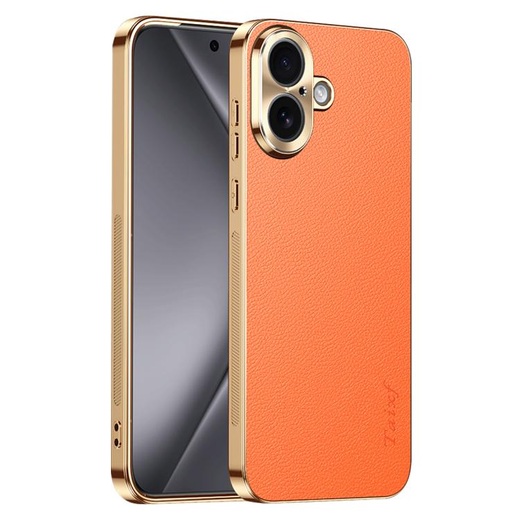 For iPhone 17 Electroplated Frame Litchi Texture PC + TPU Vegan Leather Phone Case(Orange)
