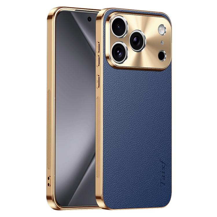 For iPhone 17 Pro Electroplated Frame Litchi Texture PC + TPU Vegan Leather Phone Case(Blue)