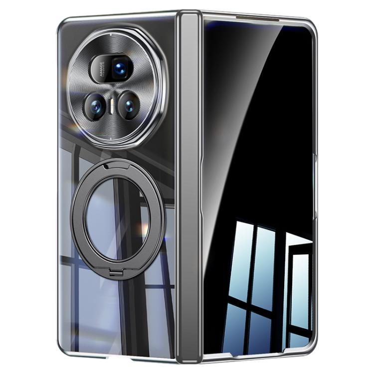 

For Honor Magic V5 Electroplated Clear Spring Hinge Integrated Film 360 Magnetic Ring Holder Phone Case(Black)