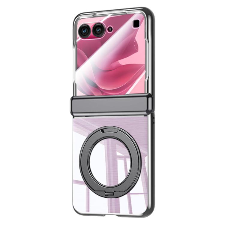 

For Motorola Razr 70 Electroplated Clear Spring Hinge Integrated Film 360 Magnetic Ring Holder Phone Case(Black)