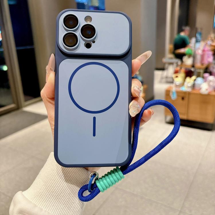 For iPhone 16 Pro Max Shield Contrast Color Magnetic Phone Case with Lens Protector and Wrist Strap(Blue) — купить у Sunsky-online WW