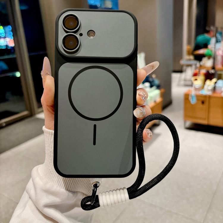 For iPhone 16 Shield Contrast Color Magnetic Phone Case with Lens Protector and Wrist Strap(Black) — купить у Sunsky-online WW