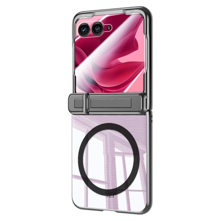 

For Motorola Razr 70 / 60 / 50 Electroplated Clear Spring Hinge Holder Magnetic Ring Integrated Film Phone Case(Black)