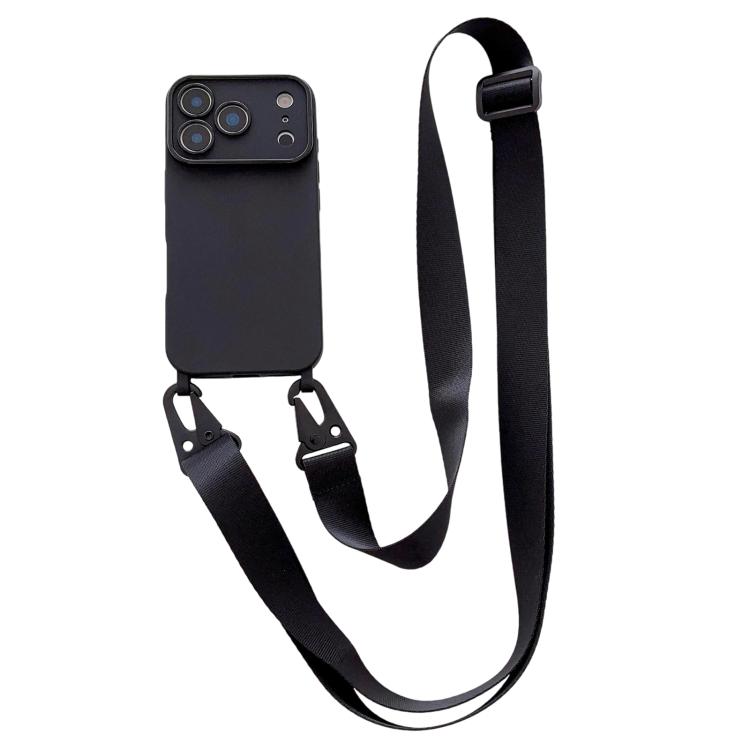 

For iPhone 17 Pro Large Camera Window Integrated Lanyard Holes Phone Case with Crossbody Wide Strap(Black)