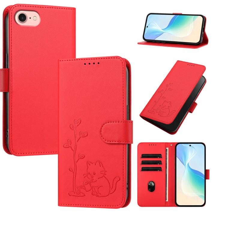 

For iPhone 17e / 16e YX0014 Cat Watering Tree Buckle Vegan Leather Phone Case with Lanyard(Red)