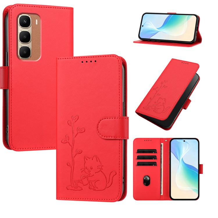 

For Infinix Hot 70 5G YX0014 Cat Watering Tree Buckle Vegan Leather Phone Case with Lanyard(Red)