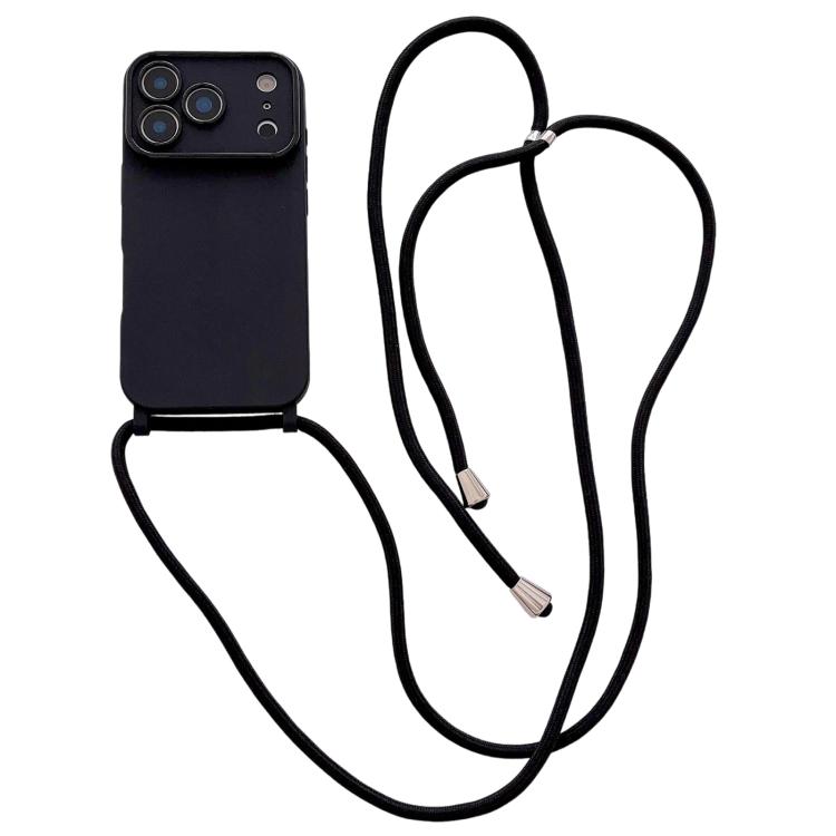 For iPhone 17 Pro Max Large Camera Window Integrated Lanyard Holes Phone Case with Crossbody Thin Strap(Black)