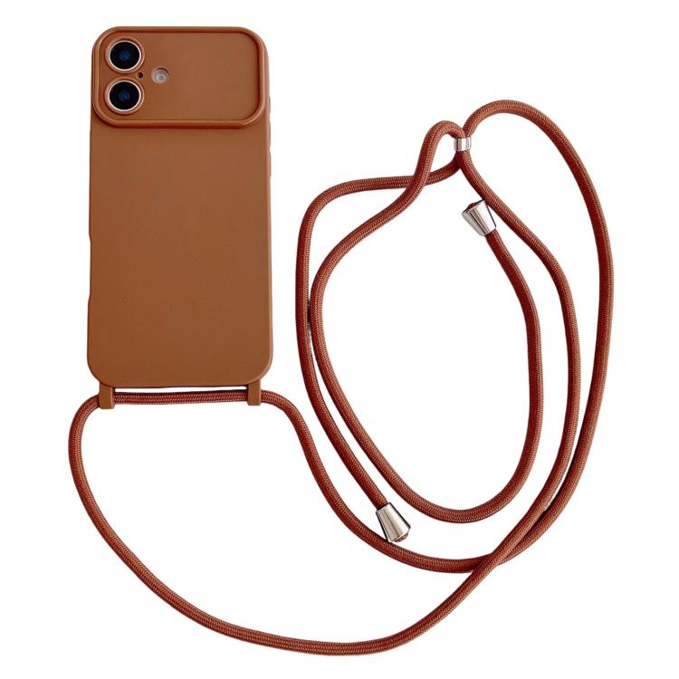 For iPhone 16 Large Camera Window Integrated Lanyard Holes Phone Case with Crossbody Thin Strap(Brown)