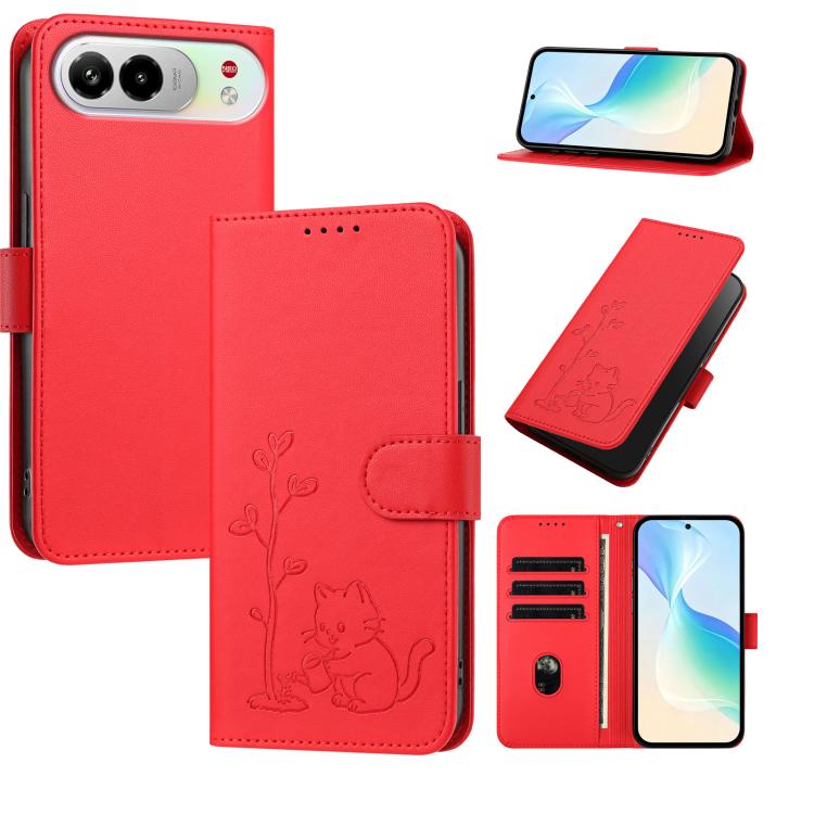 For ZTE nubia Air Pro 5G YX0014 Cat Watering Tree Buckle Vegan Leather Phone Case with Lanyard(Red)