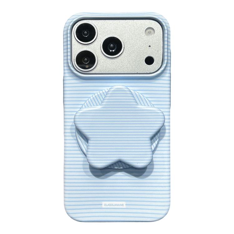 

For iPhone 17 Pro Macaron Striped Full Coverage PC Phone Case with Star Holder(Blue)