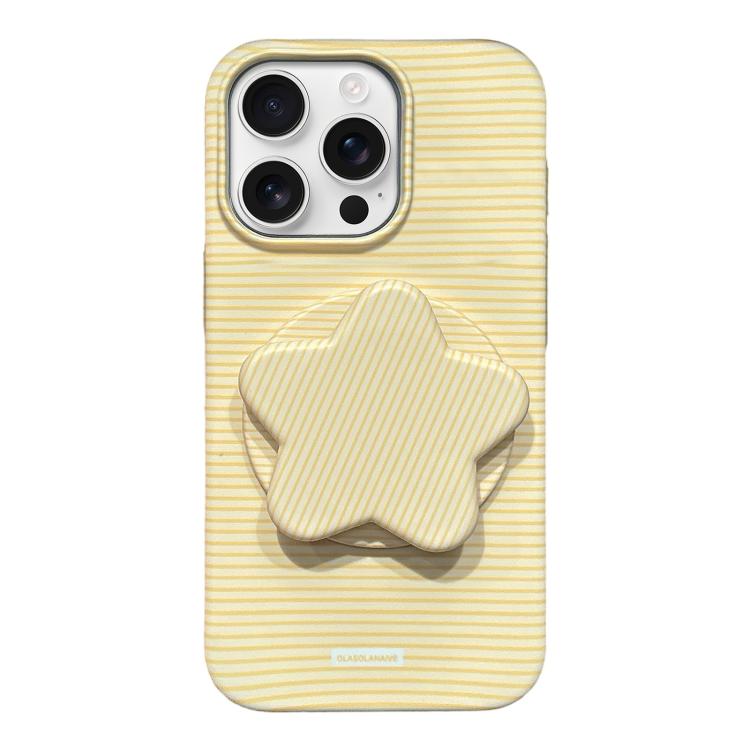 

For iPhone 16 Pro Max Macaron Striped Full Coverage PC Phone Case with Star Holder(Yellow)