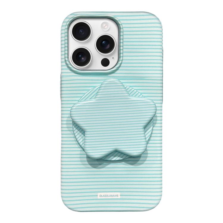 

For iPhone 16 Pro Macaron Striped Full Coverage PC Phone Case with Star Holder(Green)