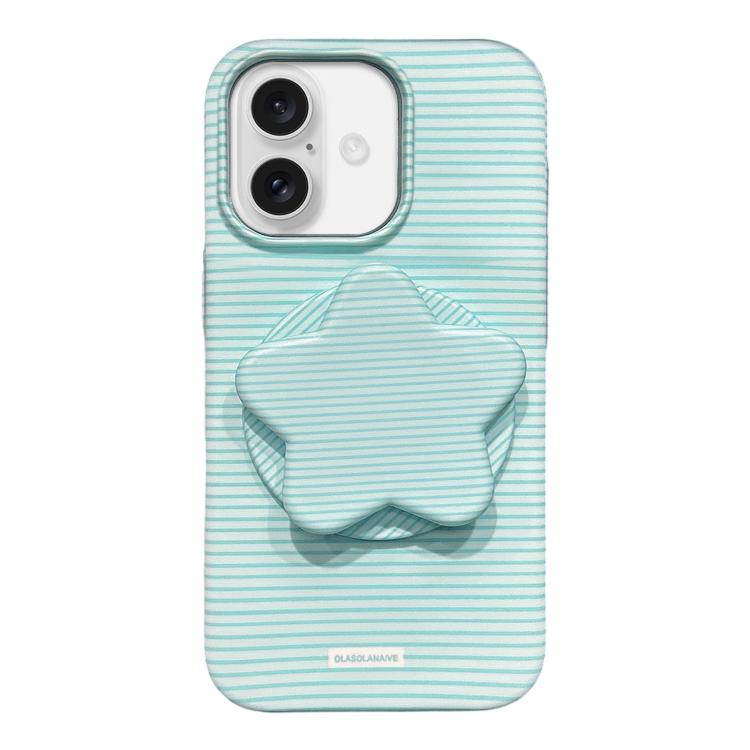 

For iPhone 16 Macaron Striped Full Coverage PC Phone Case with Star Holder(Green)