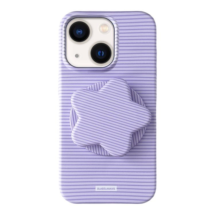 For iPhone 14 Macaron Striped Full Coverage PC Phone Case with Star Holder(Purple)