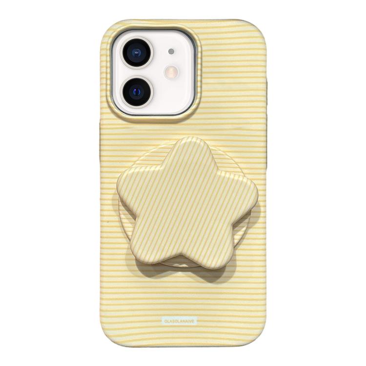 For iPhone 11 Macaron Striped Full Coverage PC Phone Case with Star Holder(Yellow)