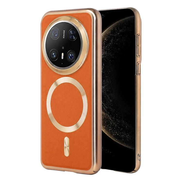 

For Huawei Mate 70 Pro Electroplated Frame CD Texture Magnetic Ring PC + Vegan Leather Phone Case(Orange)