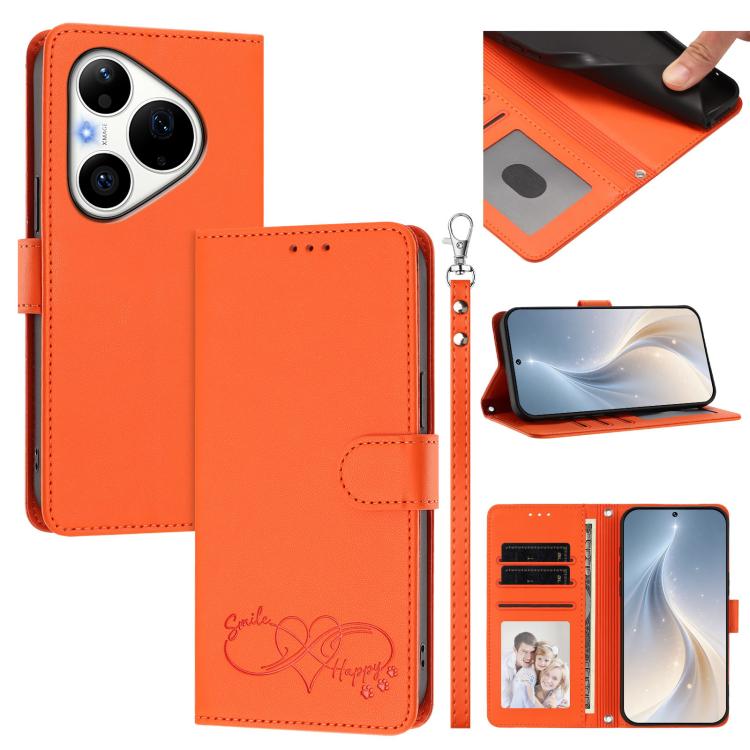 

For Huawei Pura 90 Pro Max Happy Heart Pattern Magnetic Closure Vegan Leather Phone Case with Wrist Strap(Orange)