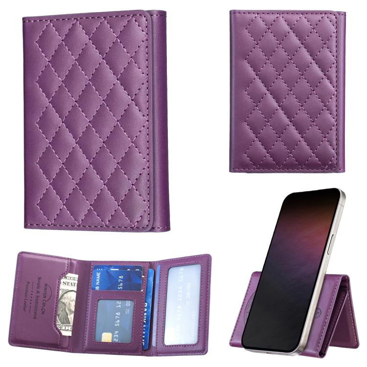 

BFK37 Magnetic Rhombus Lattice Mobile Phone Holder RFID Card Slots(Purple)