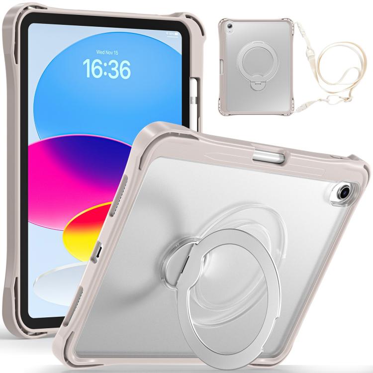 For iPad 2025 / 2022 Dual-Color 360 Pivot Holder Tablet Case with Pen Slot & Shoulder Strap(Khaki)