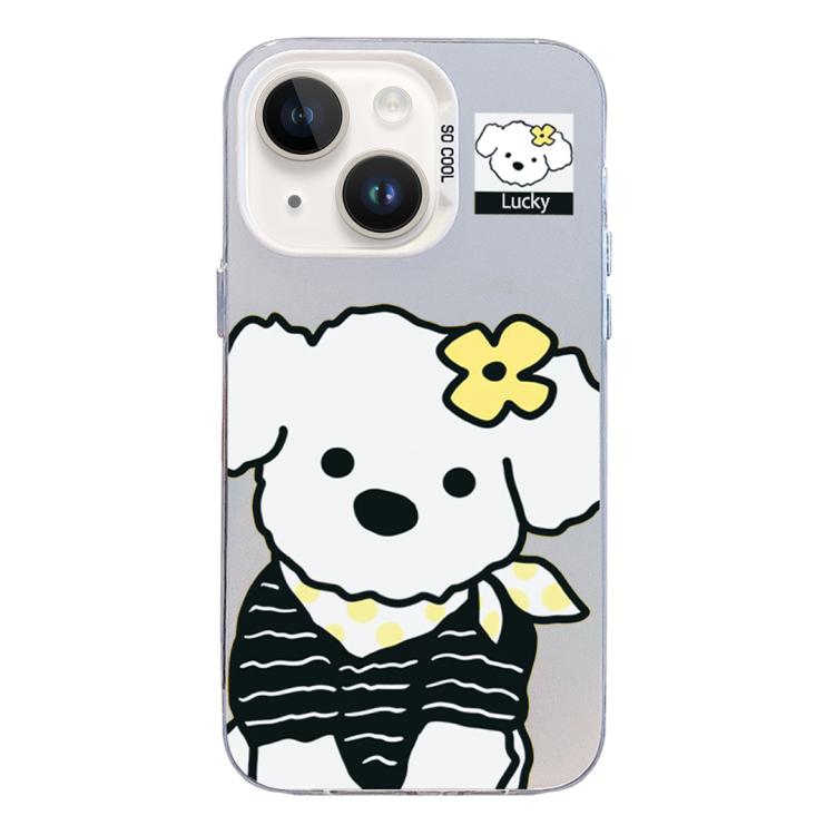 For iPhone 15 Colorful Silver Pattern PC Hybrid TPU Phone Case(White Puppy)