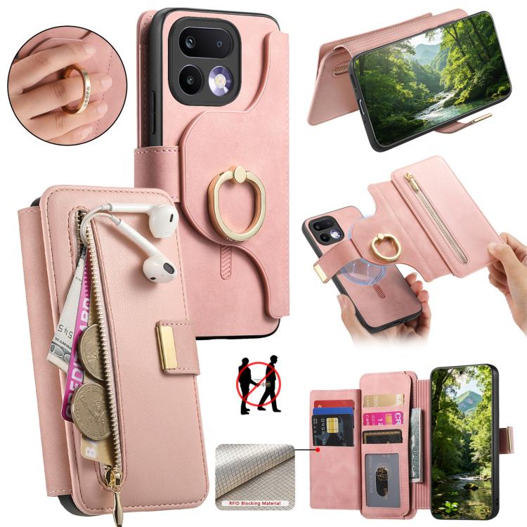

For Realme 16 Pro+ 5G Ring Zipper Wallet RFID Blocking MagSafe Leather Phone Case(Pink)