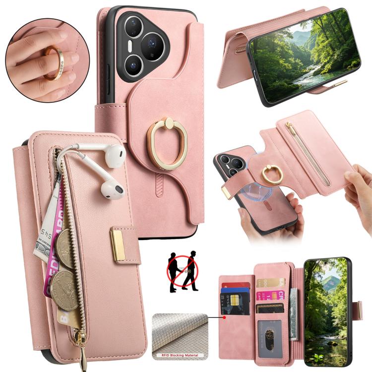 

For Huawei Pura 90 Pro 5G Ring Zipper Wallet RFID Blocking MagSafe Leather Phone Case(Pink)