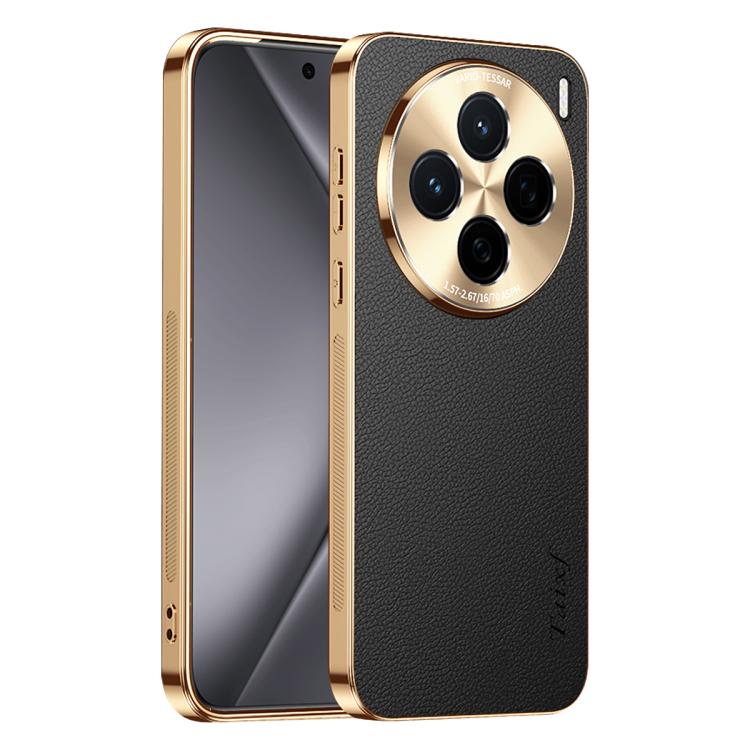 For vivo X200s Electroplated Frame Litchi Texture PC + TPU Vegan Leather Phone Case(Black)
