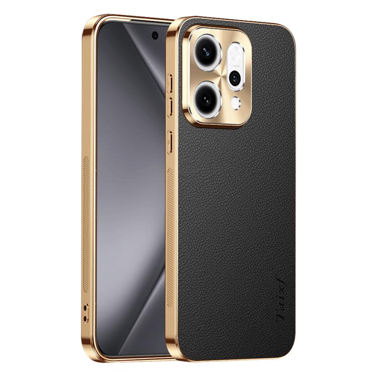 For OPPO Reno14 Global Electroplated Frame Litchi Texture PC + TPU Vegan Leather Phone Case(Black)