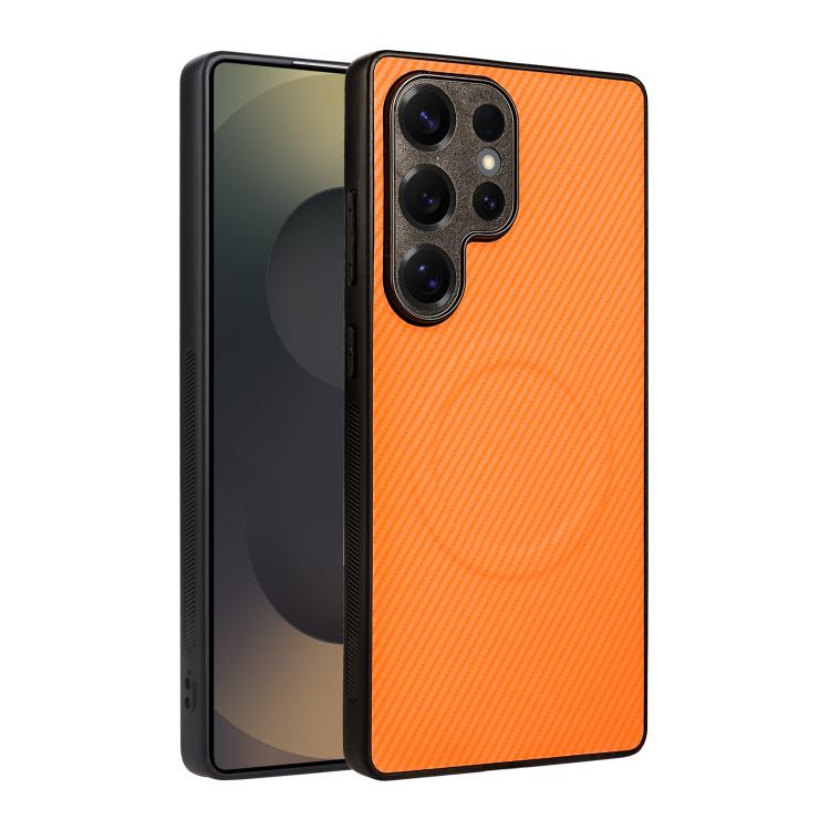For Galaxy S25 Ultra 5G Precise Cutout Carbon Fiber Texture Vegan Leather Phone Case(Orange)