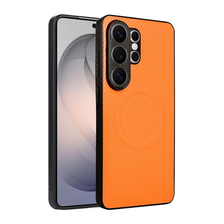 For Galaxy S26 Ultra 5G Precise Cutout Carbon Fiber Texture Vegan Leather Phone Case(Orange)