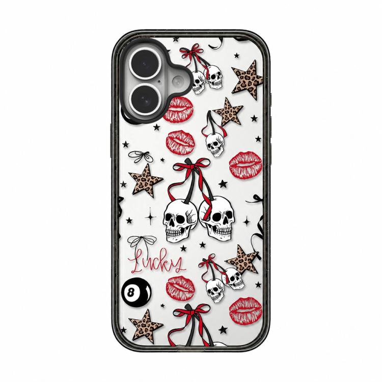 For iPhone 16 Leopard Print Bow Print transparent Acrylic TPU Phone Case(Skull Red Lips) — купить у Sunsky-online WW