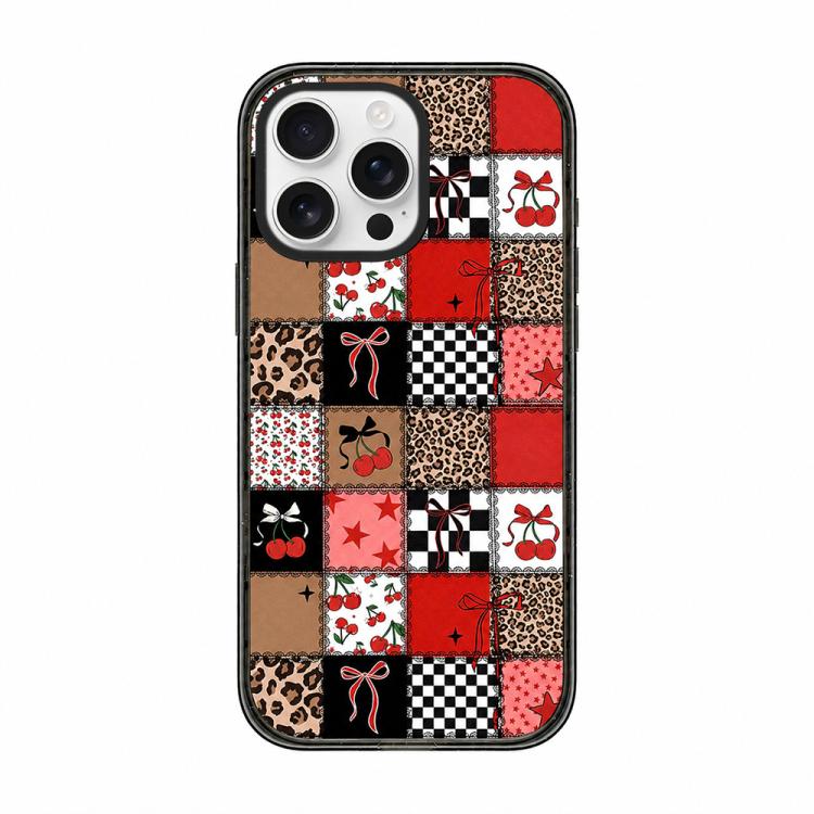 For iPhone 15 Pro Max Leopard Print Bow Print transparent Acrylic TPU Phone Case(Red Black Patchwork)