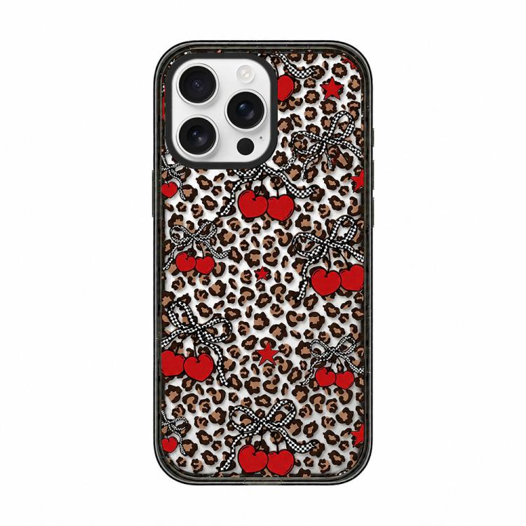 For iPhone 15 Pro Leopard Print Bow Print transparent Acrylic TPU Phone Case(Leopard Cherry)