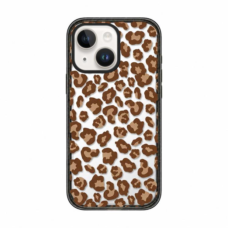 For iPhone 15 Plus Leopard Print Bow Print transparent Acrylic TPU Phone Case(Caramel Brown Leopard)