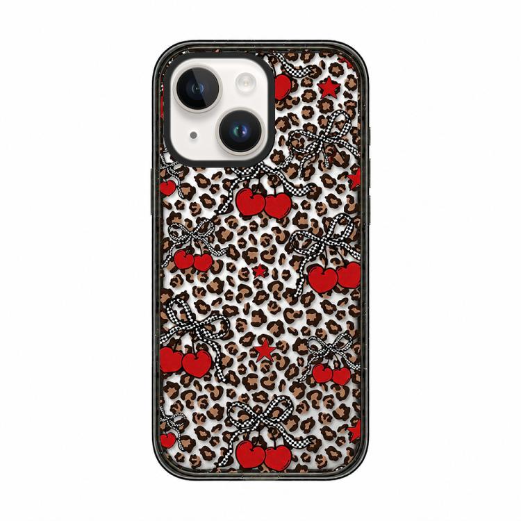 For iPhone 15 Leopard Print Bow Print transparent Acrylic TPU Phone Case(Leopard Cherry)