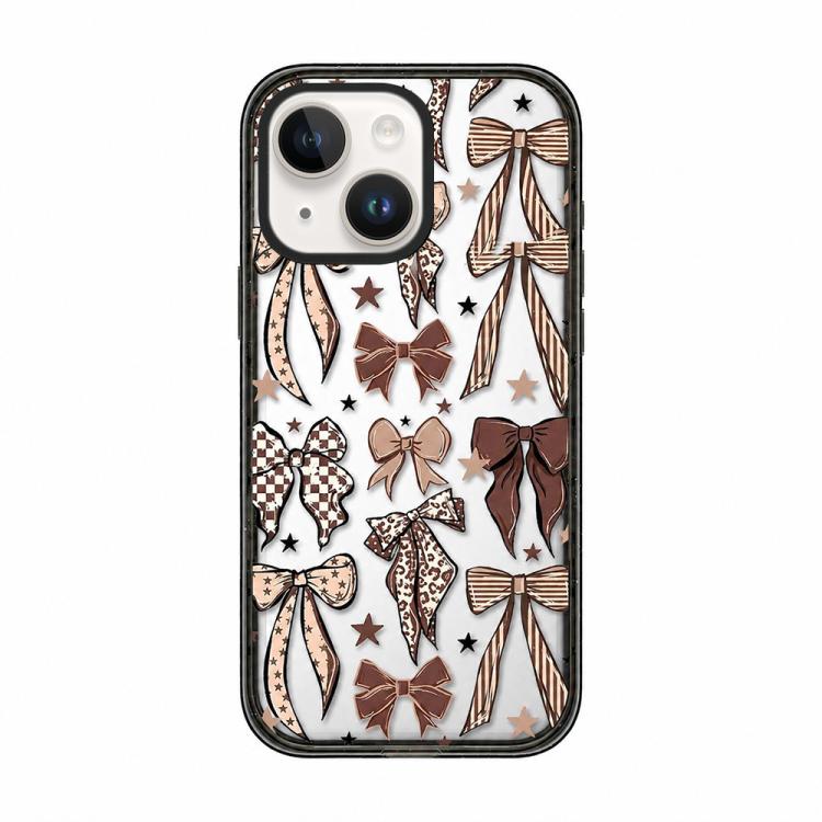 For iPhone 14 Leopard Print Bow Print transparent Acrylic TPU Phone Case(Caramel Brown Bow)