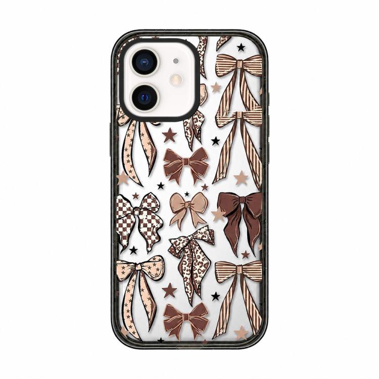 For iPhone 12 Leopard Print Bow Print transparent Acrylic TPU Phone Case(Caramel Brown Bow)