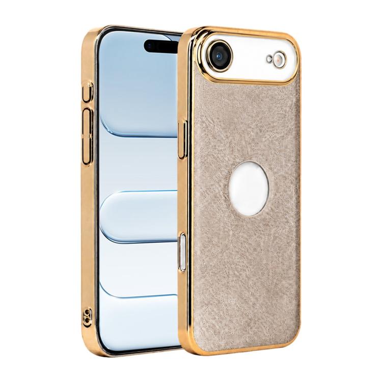 

For iPhone Air Cowhide Texture Electroplated Frame PC + Vegan Leather Phone Case(Beige)