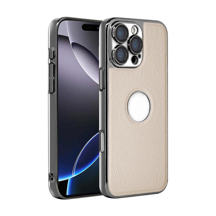 For iPhone 16 Pro Max Cowhide Texture Electroplated Frame PC + Vegan Leather Phone Case(White)