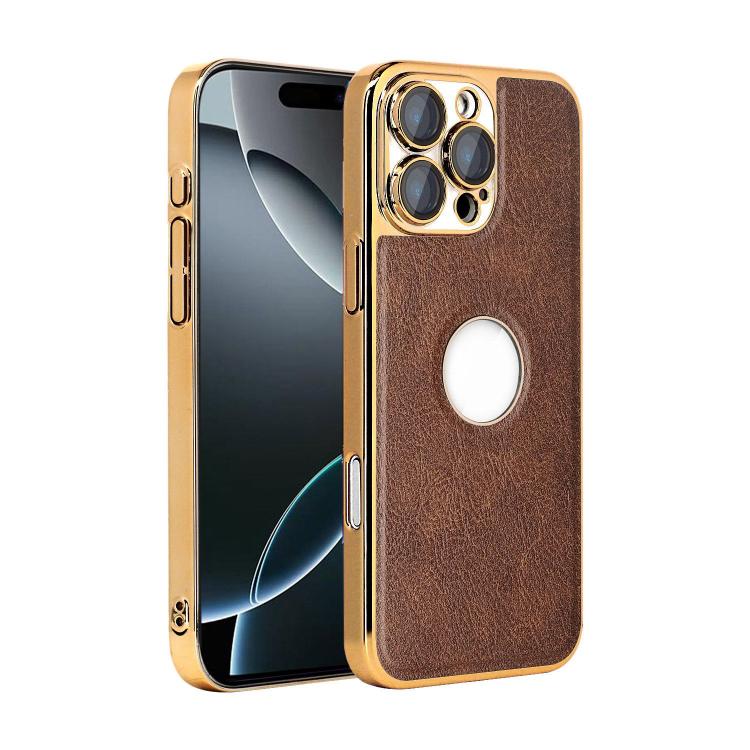For iPhone 16 Pro Cowhide Texture Electroplated Frame PC + Vegan Leather Phone Case(Brown)