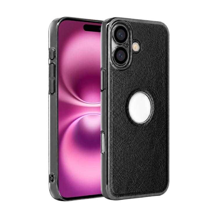 

For iPhone 16 Plus Cowhide Texture Electroplated Frame PC + Vegan Leather Phone Case(Black)