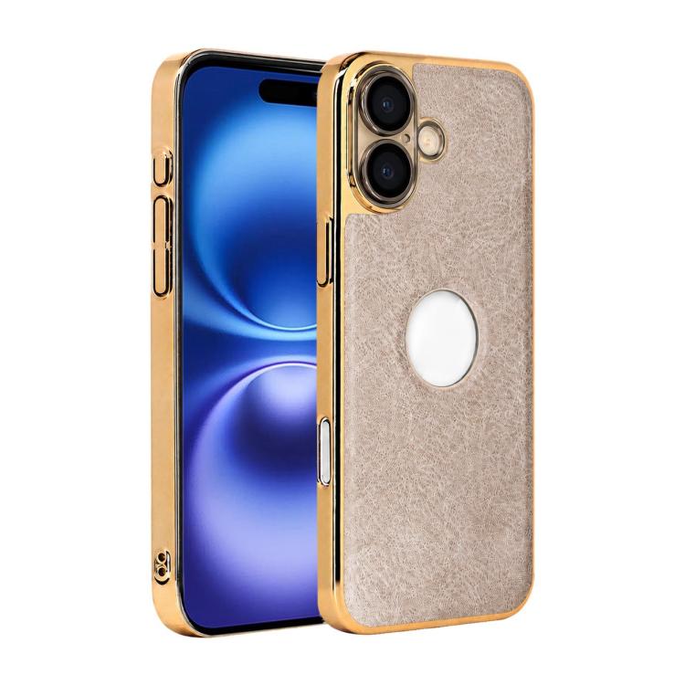 For iPhone 16 Cowhide Texture Electroplated Frame PC + Vegan Leather Phone Case(Beige)