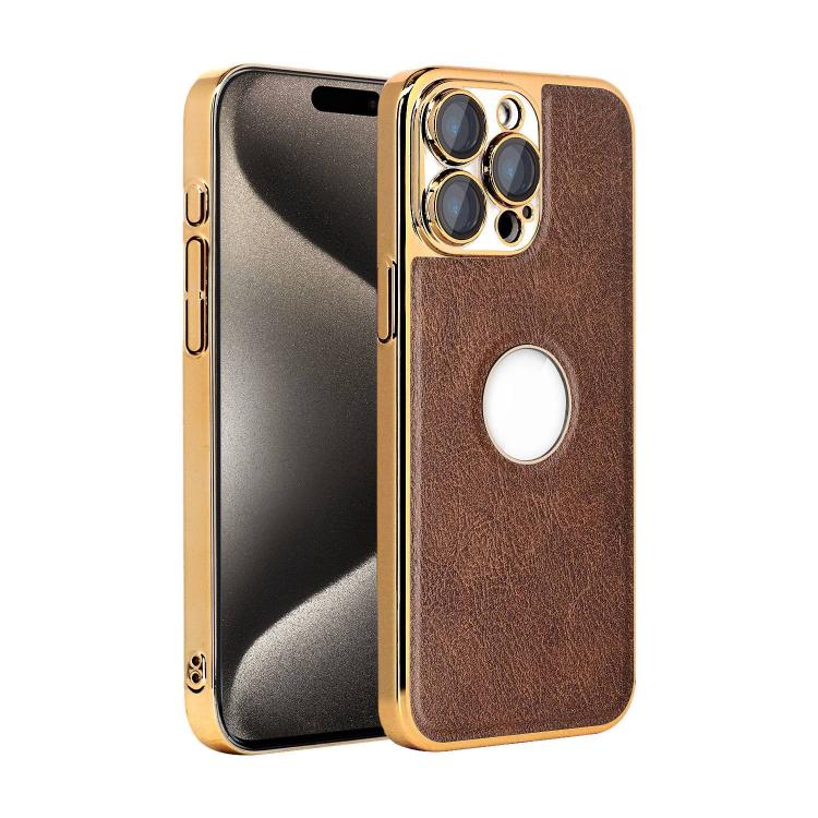 For iPhone 15 Pro Cowhide Texture Electroplated Frame PC + Vegan Leather Phone Case(Brown)