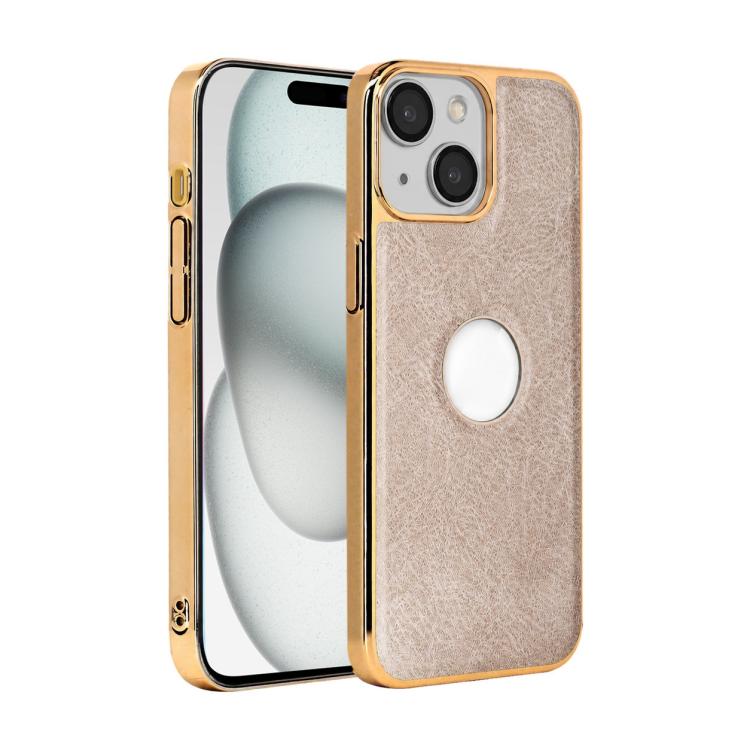 For iPhone 15 Plus Cowhide Texture Electroplated Frame PC + Vegan Leather Phone Case(Beige)