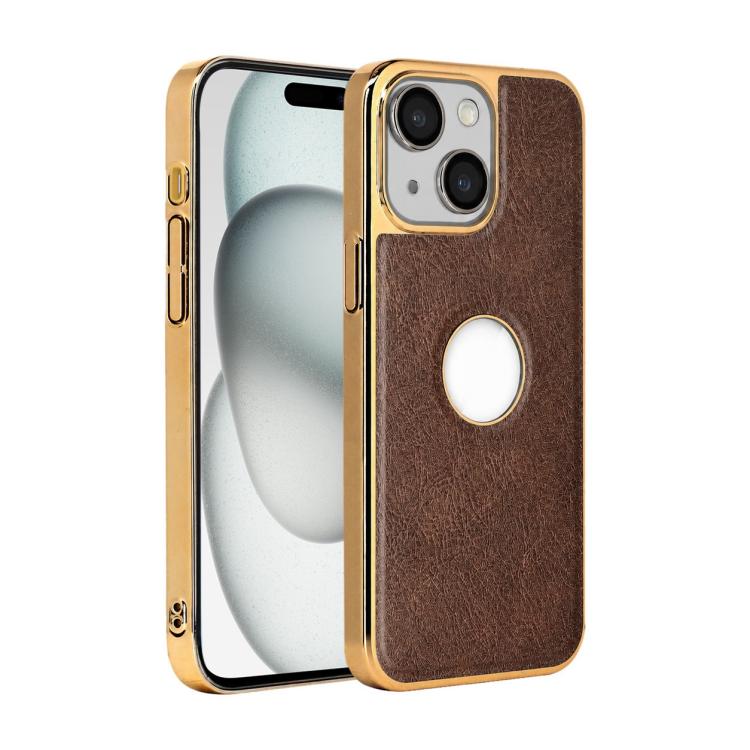 

For iPhone 15 Plus Cowhide Texture Electroplated Frame PC + Vegan Leather Phone Case(Brown)